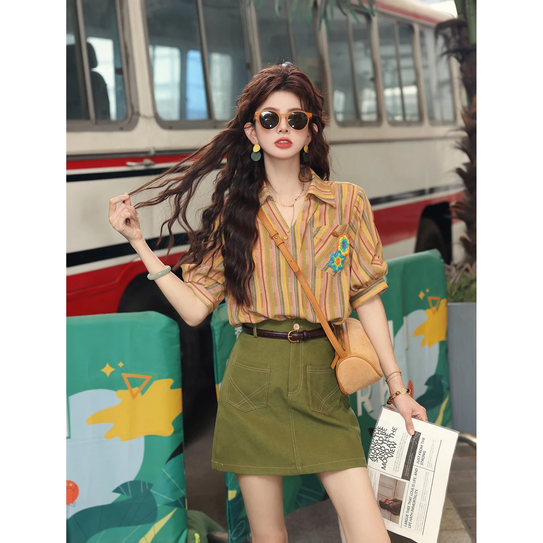 陈大器【向阳花】复古条纹短袖夏季宽松女衬衫百搭上衣JP1666193