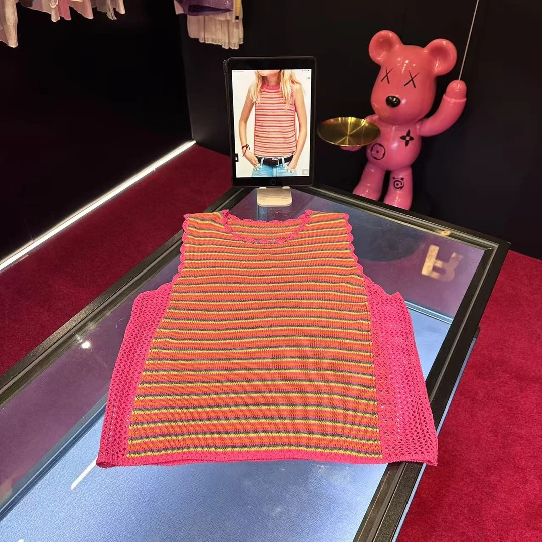 G846新款时尚透气针织条纹背心夏季镂空无袖