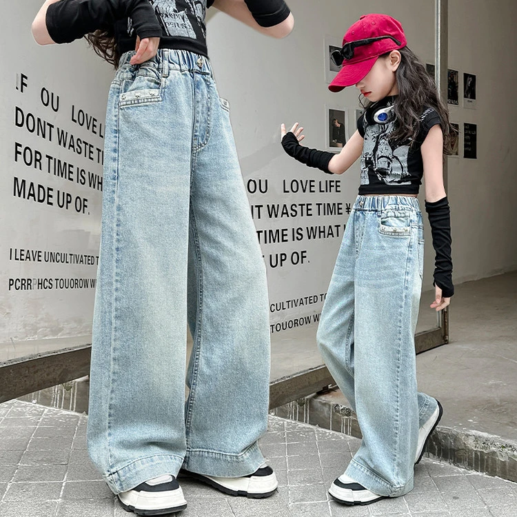 女大童春秋季宽脚口牛仔裤学生阔腿裤2025新款初中生女孩春装裤子