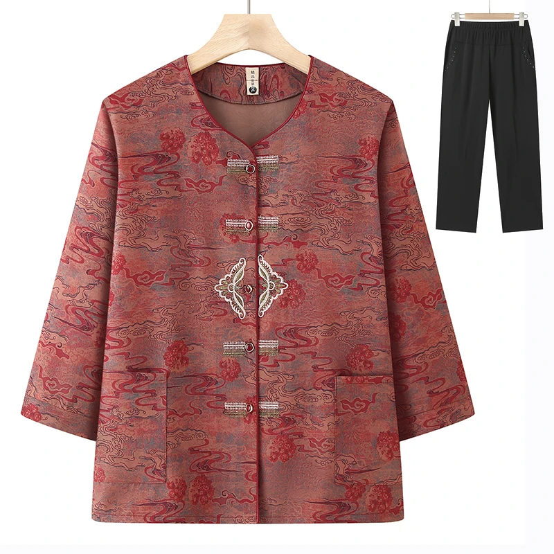 中老年妈妈夏季衬衣奶奶夏装衬衫裤子老人短袖套装洋气婆婆衣服