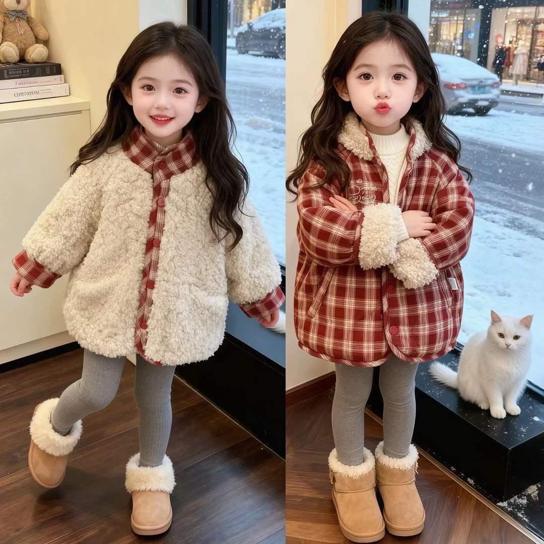 女宝格子双面穿棉服外套冬季2025新款儿童圣诞加厚保暖两面穿棉衣