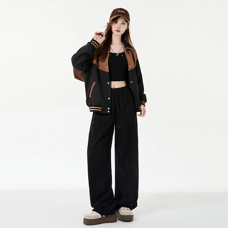 2025夏装清凉美式高街扎染休闲裤女高级感厚款抽绳宽松直筒黑色运