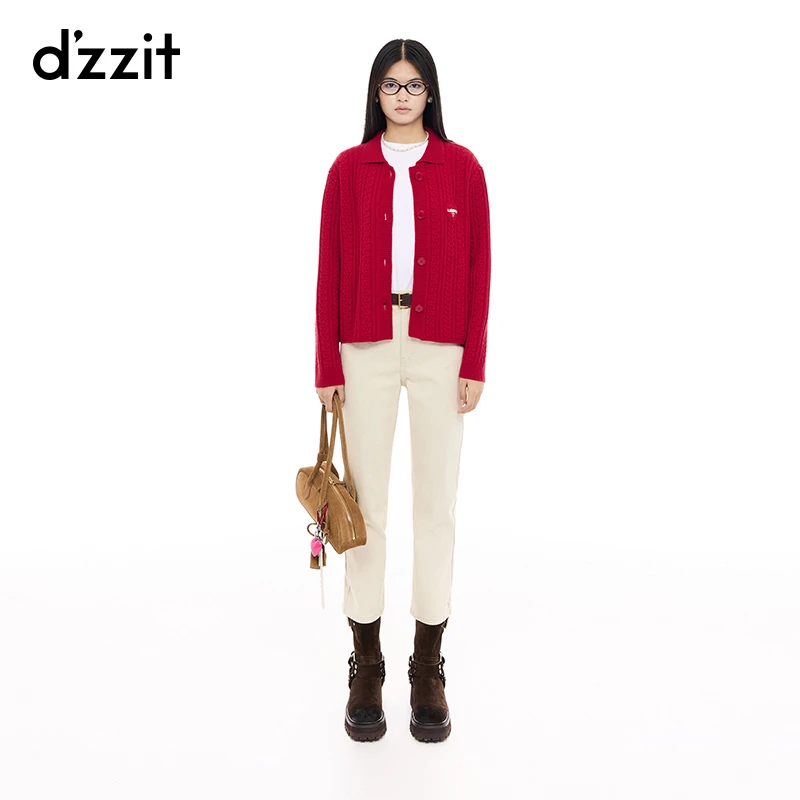 dzzit地素针织衫25春新款绵羊毛红色绞花翻领长袖开衫女3J1E528