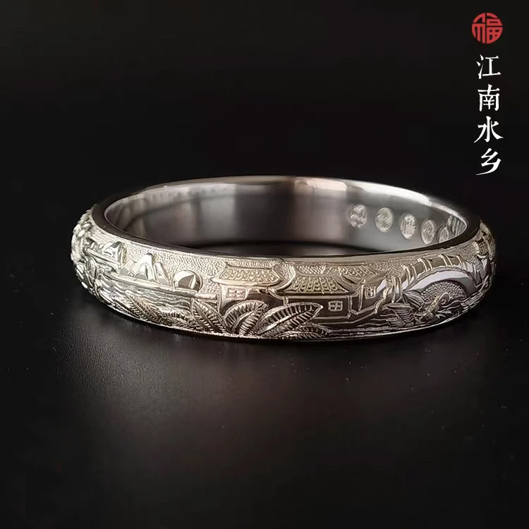 足银手镯 润土匠心【江南水乡手镯】手工錾刻浮雕银手镯