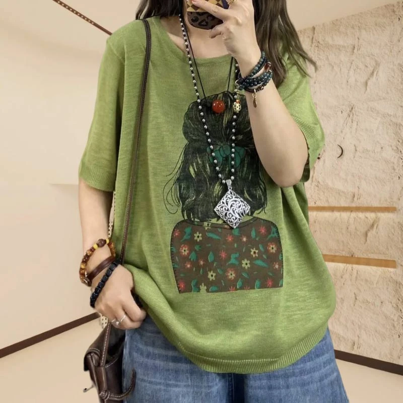 2025年夏季新款网红圆领短袖T恤女文艺休闲宽松百搭印花小众上衣