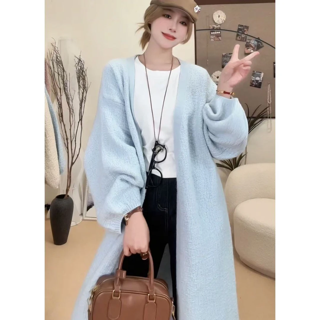 【2025年新款树皮纹工艺】泡泡袖长款针织外套开衫女慵懒风宽松韩版
