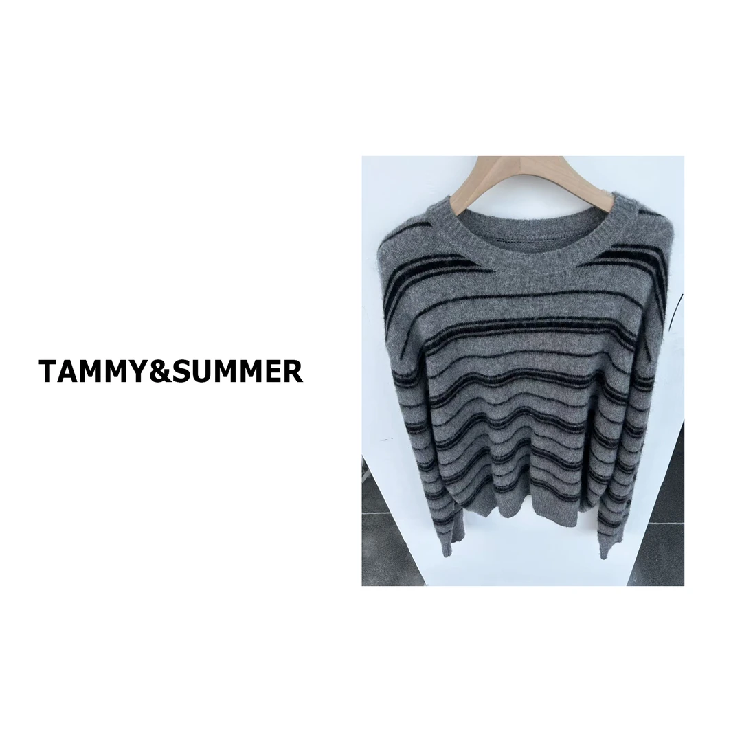 【Tammy&Summer】100%绵羊毛撞色条纹慵懒风圆领长袖针织毛衣829077