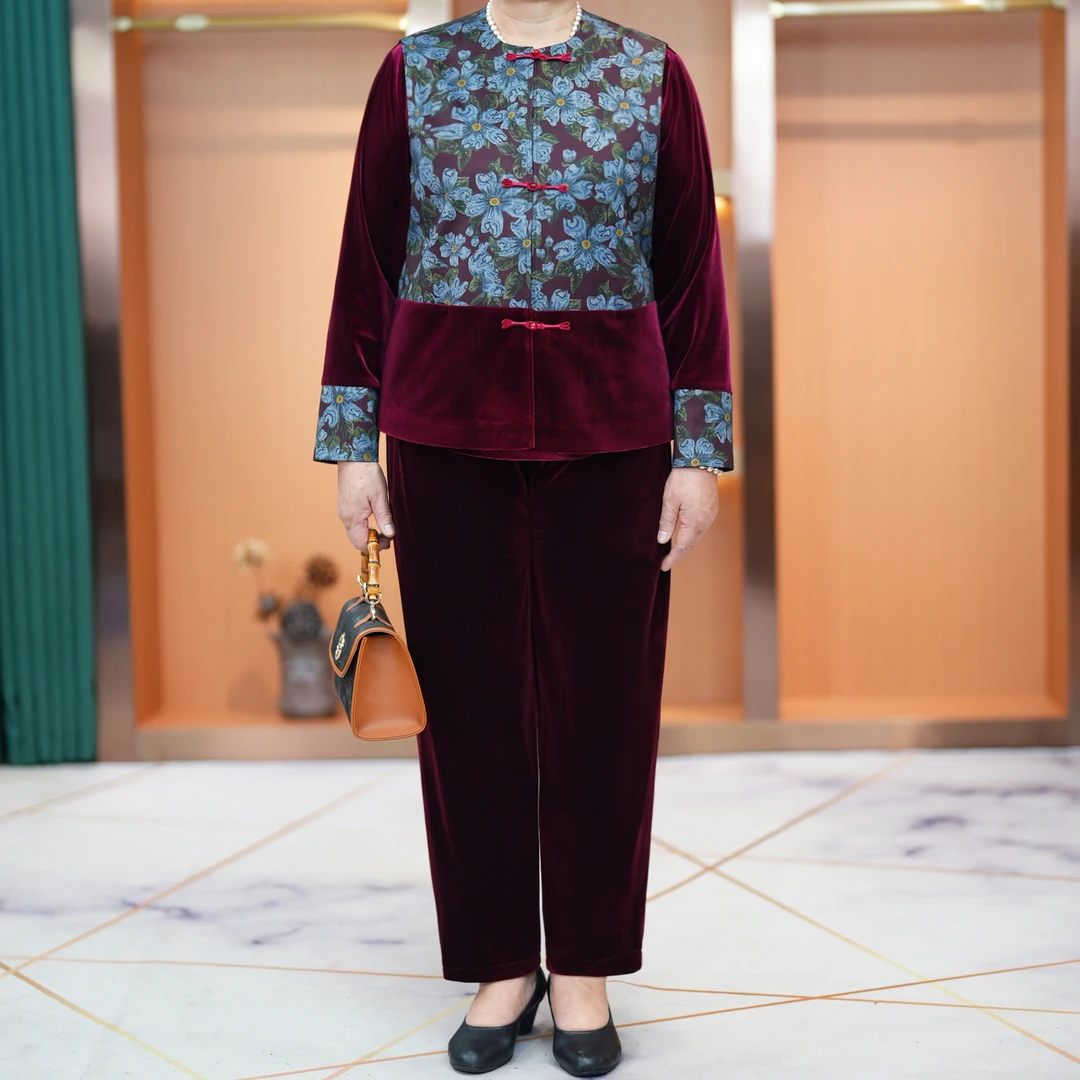 大码妈妈装印花拼接金丝绒套装2025春秋款内搭马甲裤子三件套宽松