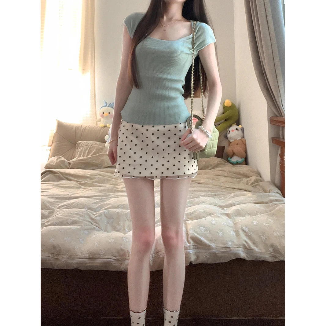 2025绿色减龄U领针织衫女春夏外穿甜辣上衣波点网纱半身裙套装女