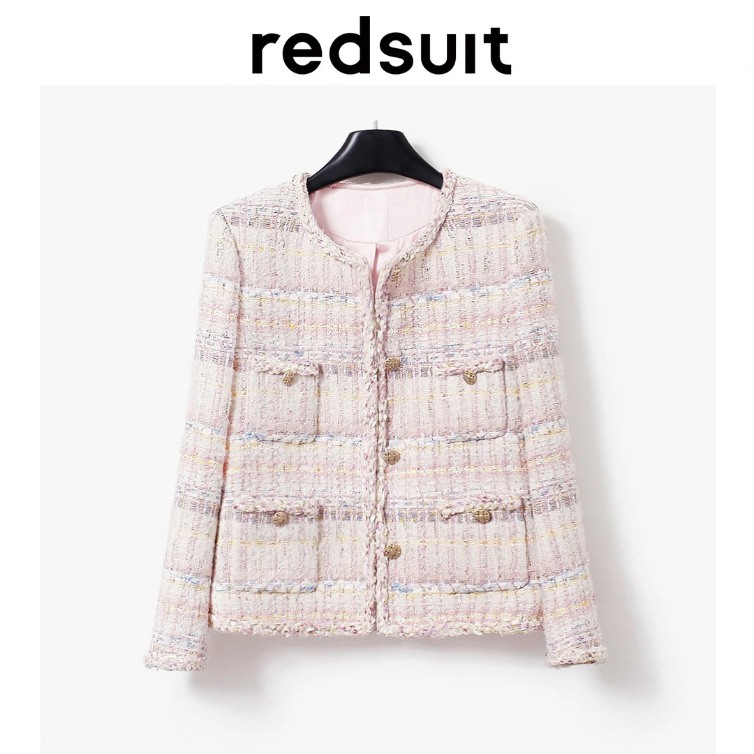 redsuit 气质少女感减龄粉色圆领小香风粗花呢外套通勤百搭上衣