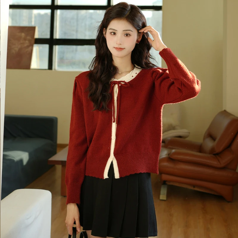 慕兔法式甜美蝴蝶结针织开衫女2024秋季新设计感系带毛衣外套