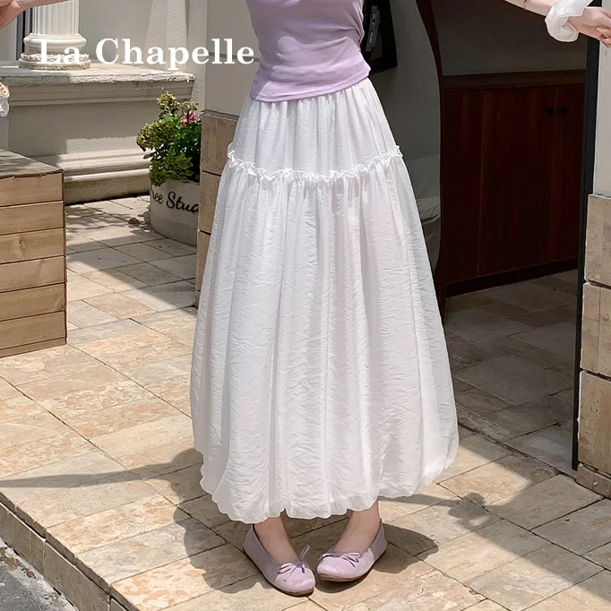 拉夏贝尔小花边双层垂感网纱花苞裙女夏季高腰显瘦洋气蓬蓬半身裙