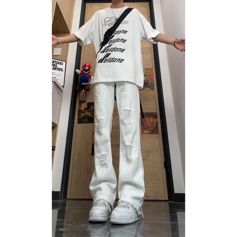 美式微喇破洞牛仔裤cleanfit白色裤子男夏季高个子加长高腰直筒裤