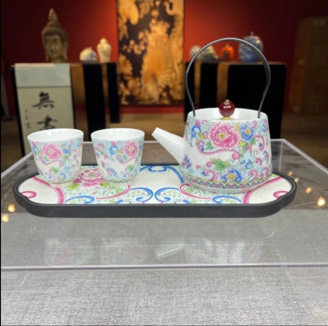 牵牛花提梁壶一壶+两杯+茶盘-ZHZ053