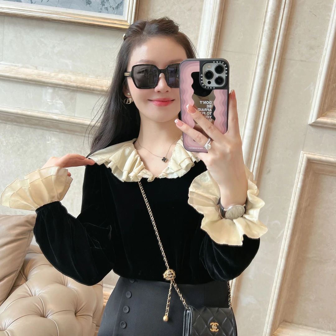 syna希娜 法式复古金丝绒气质拼接娃娃领衬衫