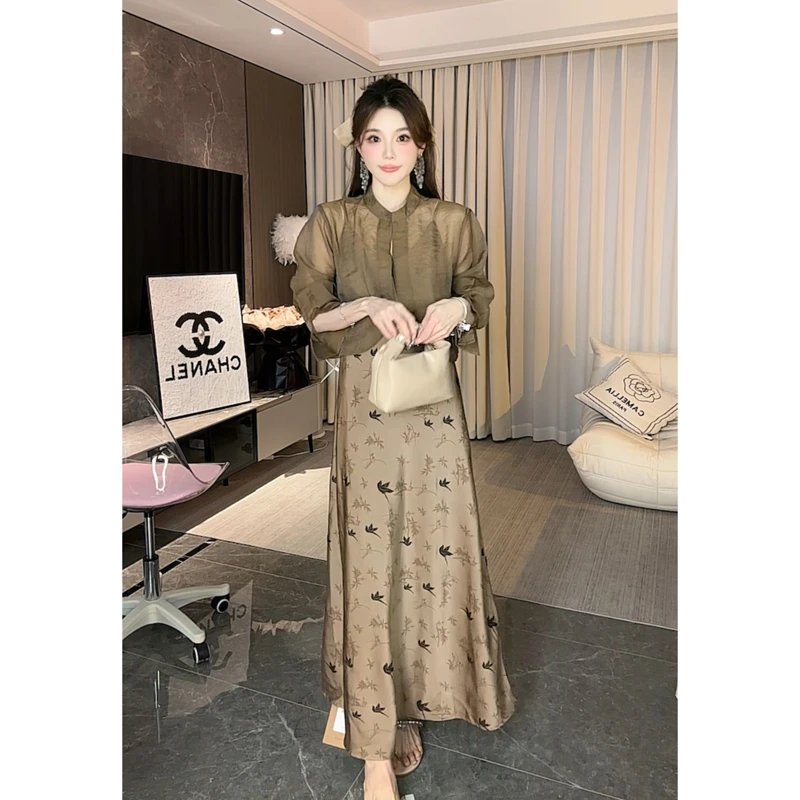 【LIN LIN】V领印花吊带连衣裙女夏季新款设计感气质显瘦长裙6013