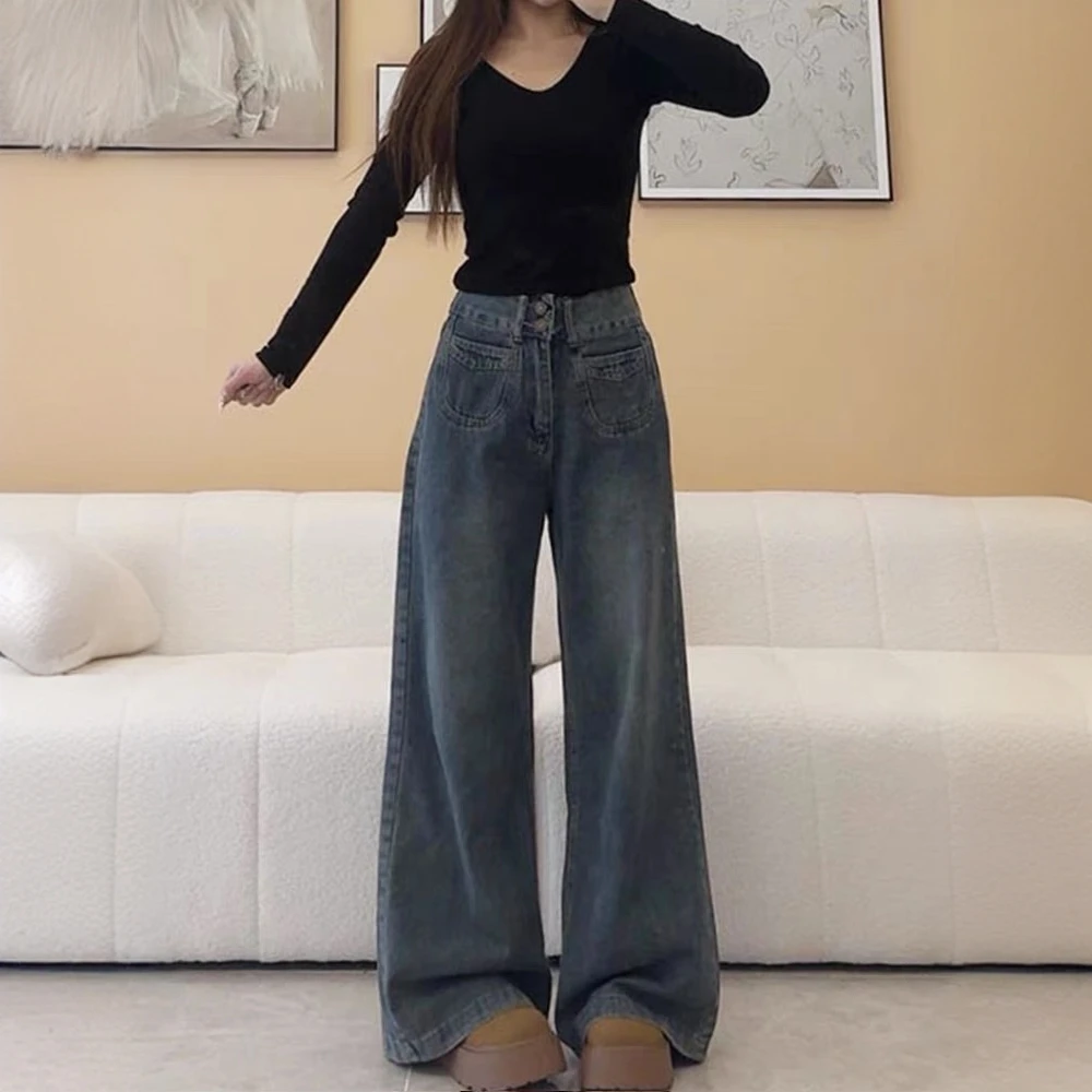 2025春季新款复古深蓝阔腿牛仔裤女宽松百搭高腰显高显瘦拖地裤