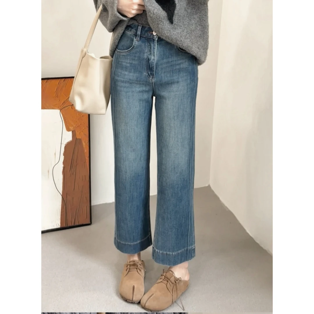 8102#早春高腰直筒牛仔裤女宽松显瘦小个子九分阔腿裤