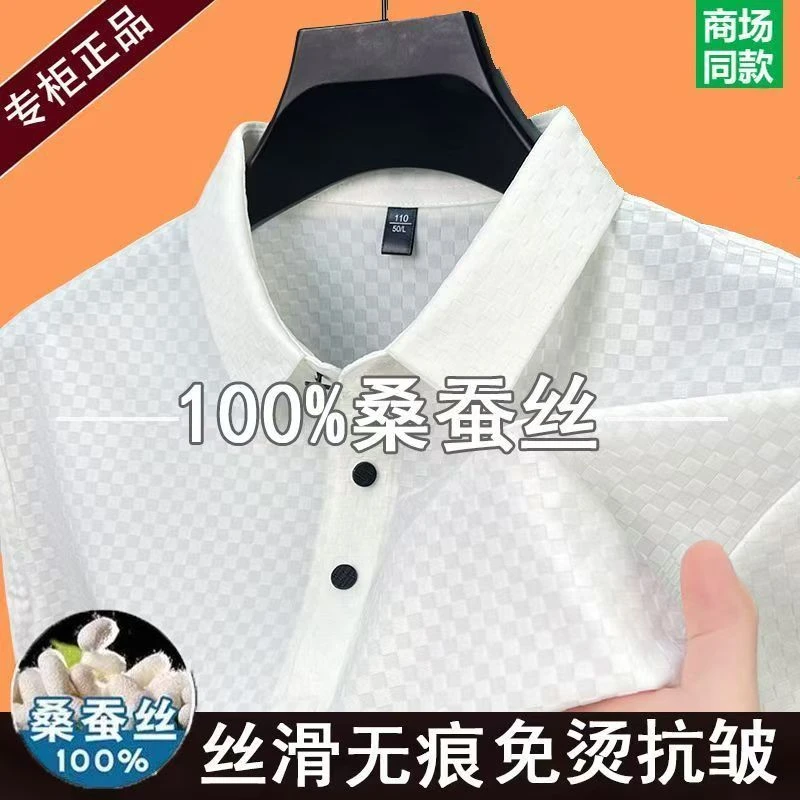 男士短袖高档夏季凉感蚕丝翻领T恤薄款桑蚕丝休闲衫高端百搭上衣