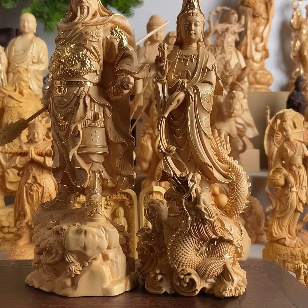 風***雲黄杨木小叶黄杨木雕描金关公和描金龙观音