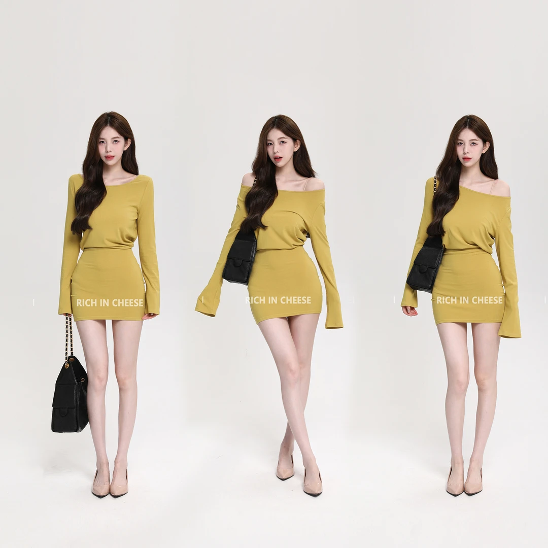 舒胡蕾 南韩身材 气质女人一衣三穿收腰包臀显瘦长袖收腰连衣裙