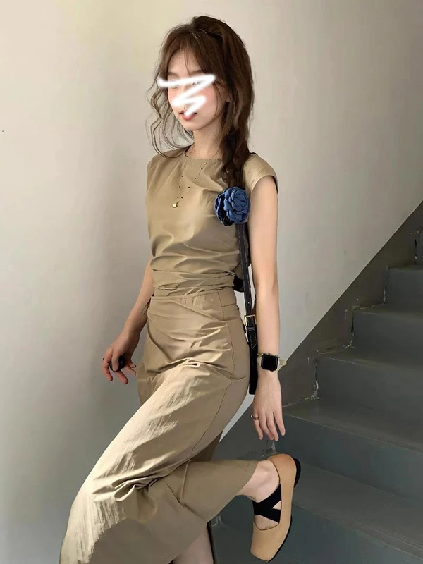 慵懒风甜美无袖背心连衣裙子女夏季时尚小个子穿搭一整套两件套装