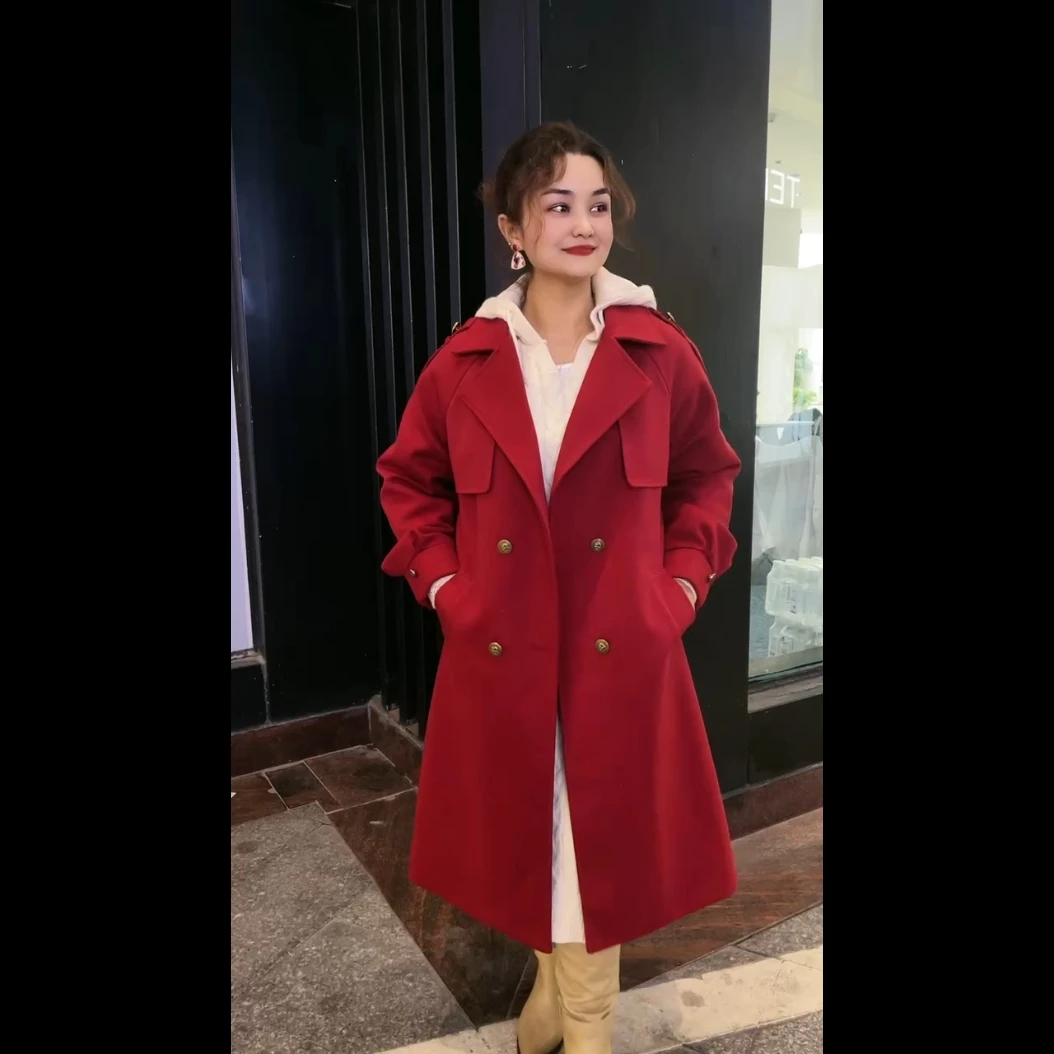 中长款毛呢外套女士2024春秋新款时尚洋气修身显瘦双排扣妮子大衣