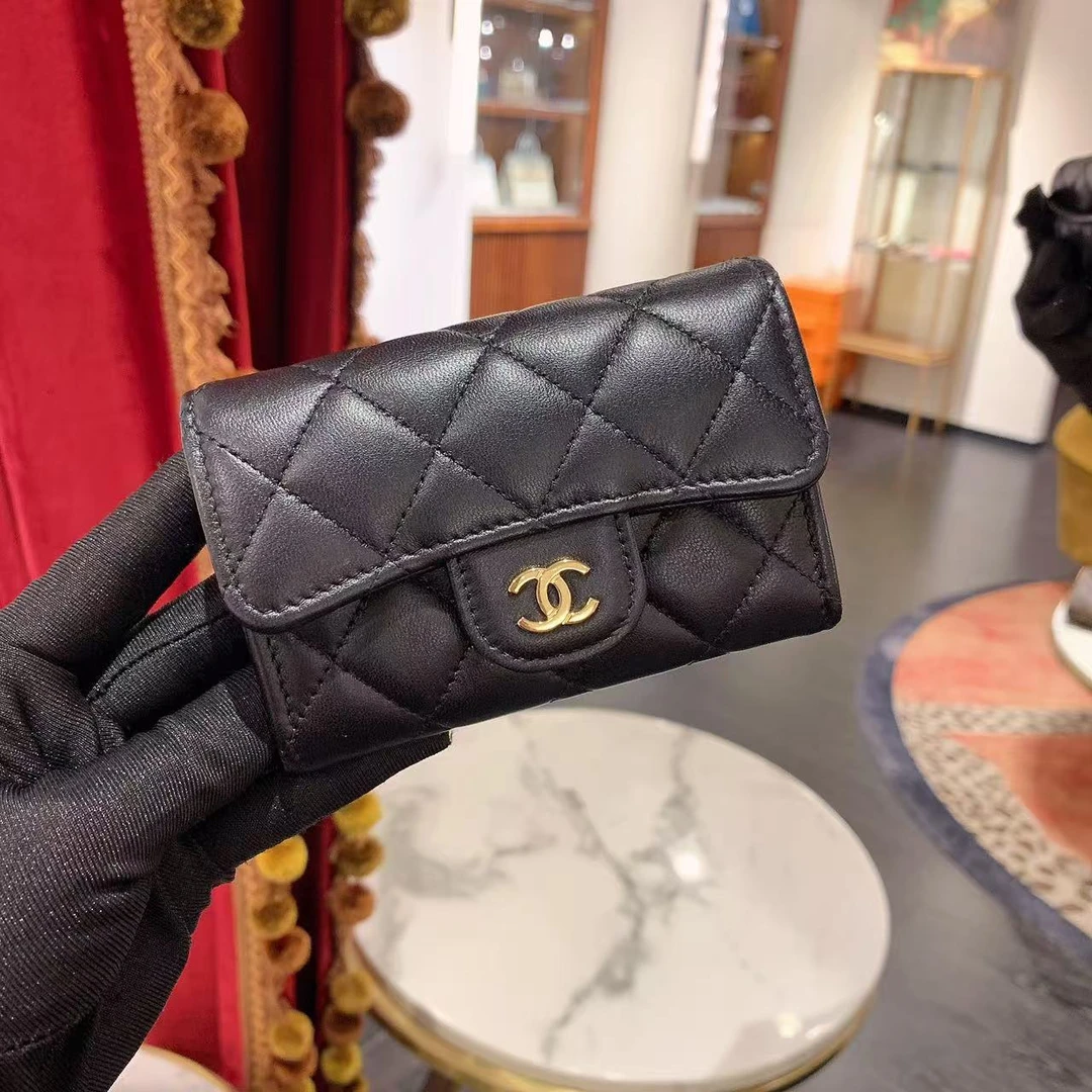 99新 Chanel/香奈儿 GGS全套香奈儿cf短款钱包黑金羊皮68296813