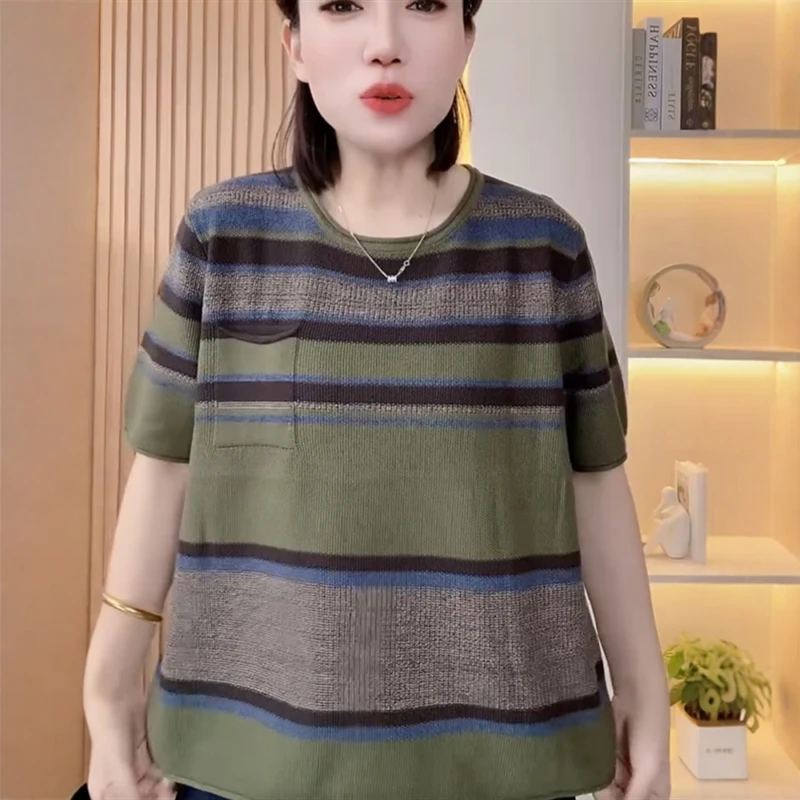 欧货夏季新款复古撞色圆领口袋拼色针织衫短袖女遮肉显瘦宽松上衣