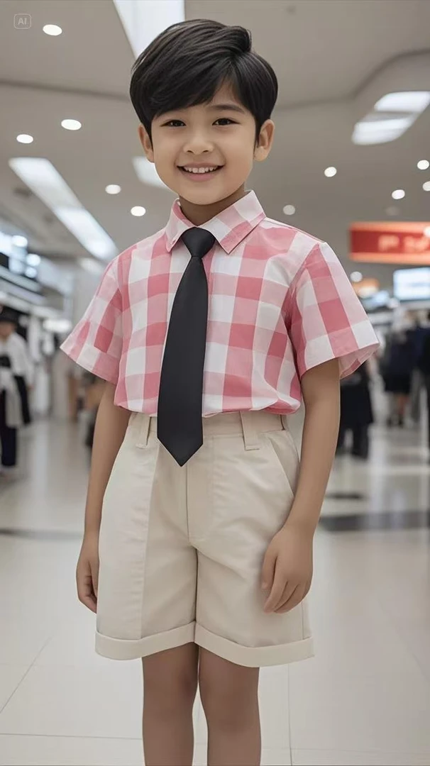 中性薄款欧美韩版男夏季格子套装学院风童装休闲格纹校服