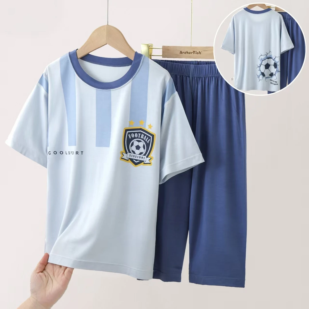 儿童短袖家居服男女童夏季卡通冰氧棉睡衣中大童短袖中裤家居套装