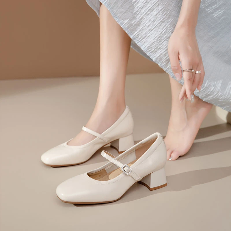 羊皮玛丽珍轻奢气质2025年流行女单鞋百搭新款浅口粗跟时尚女鞋