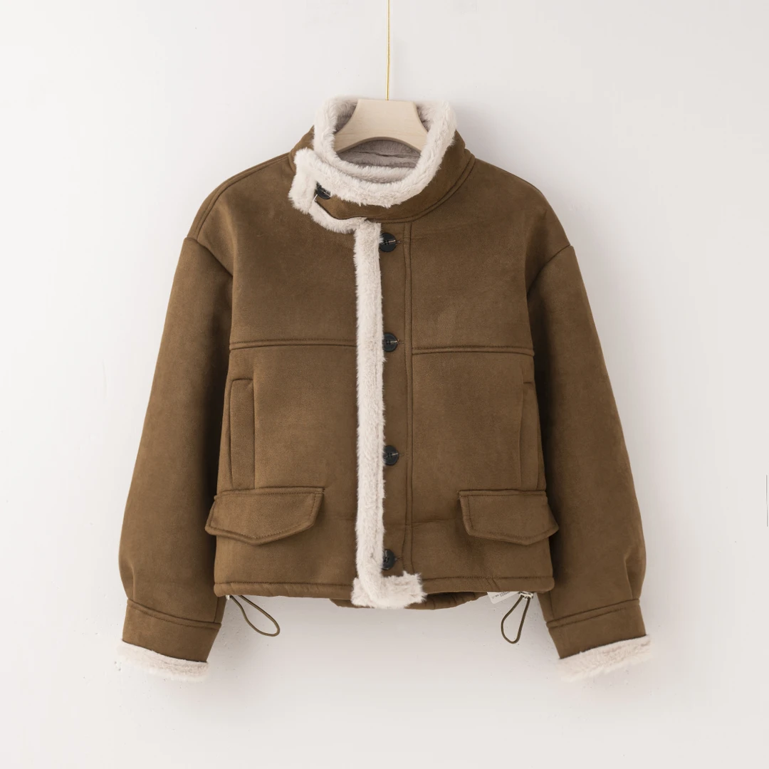 Q2506【特价-占单者限购】冬季新款拼接毛毛一体机车风气质外套