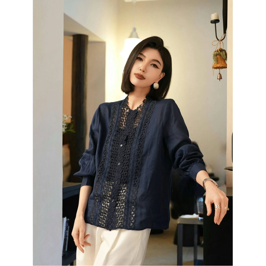 POPULARYW【岚夏】Z·R上品屋 法式气质蕾丝港风镂空拼接衬衫