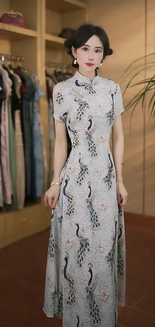 孔雀东南飞 日常奥黛气质文艺国风复古优雅长款旗袍
