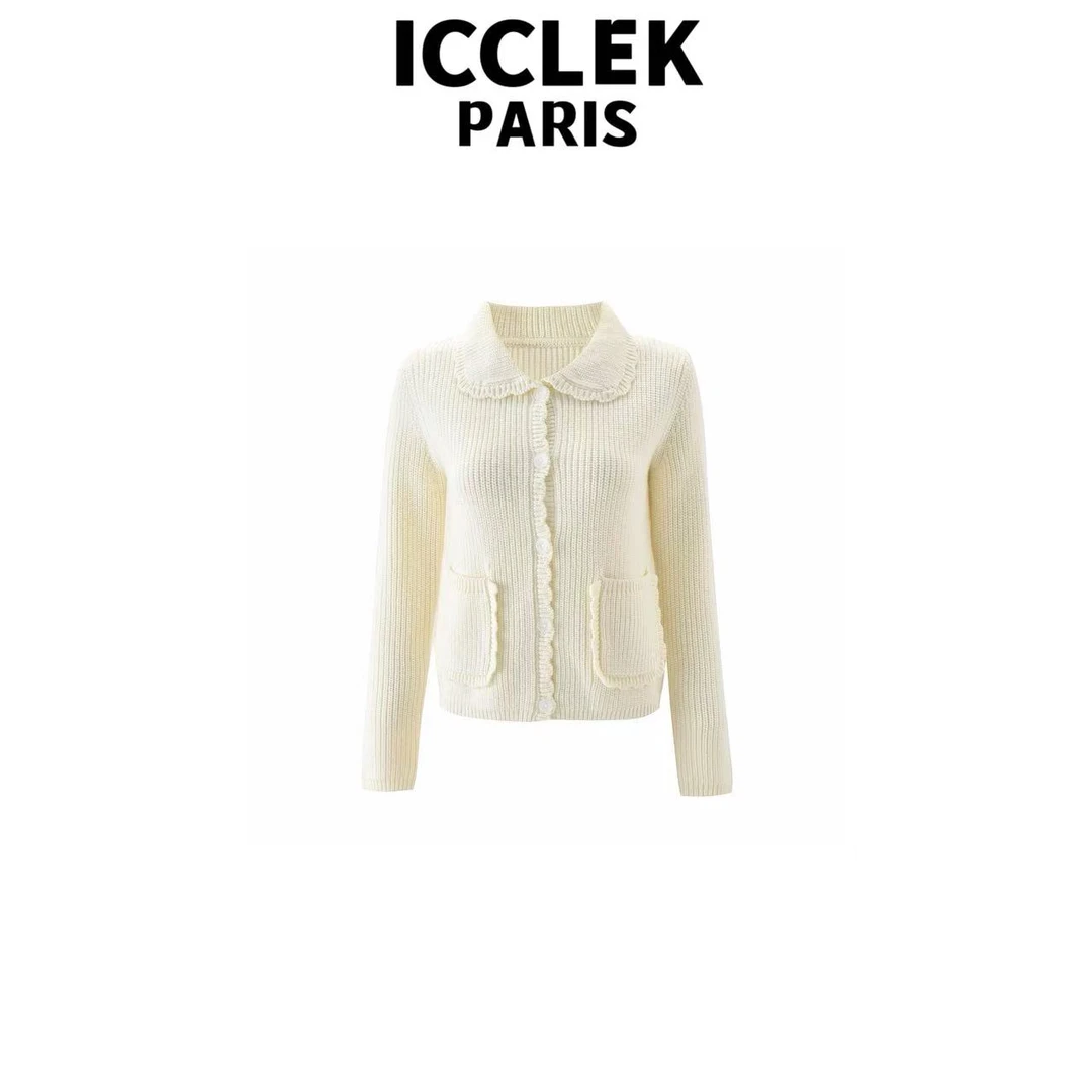 ICCLEK 设计师款白色娃娃领针织名媛气质秋冬减龄百搭上衣 - 9188