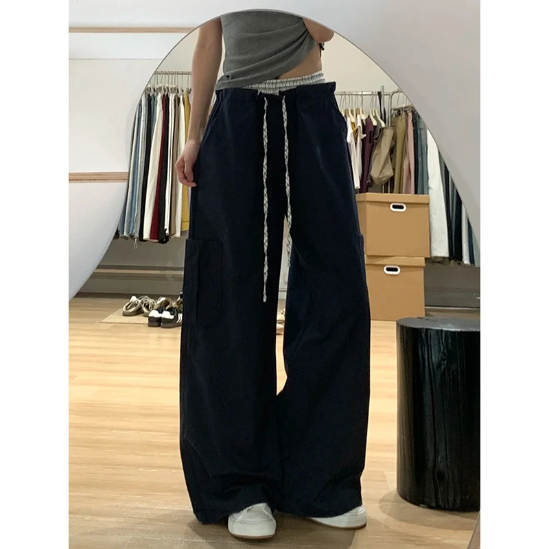 艾格美式拼接双腰头工装裤女2025新款夏季高腰显瘦直筒休闲阔腿裤