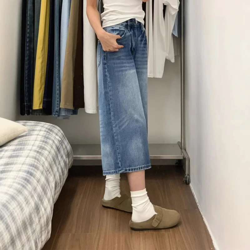 美式复古高腰阔腿牛仔裤女夏季薄款宽松遮胯显瘦梨形身材七分裤子
