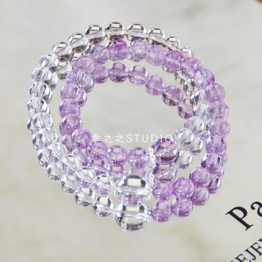 s1464【静谧】天然透体白水玻紫手串双圈精致设计手链 多样性发其一