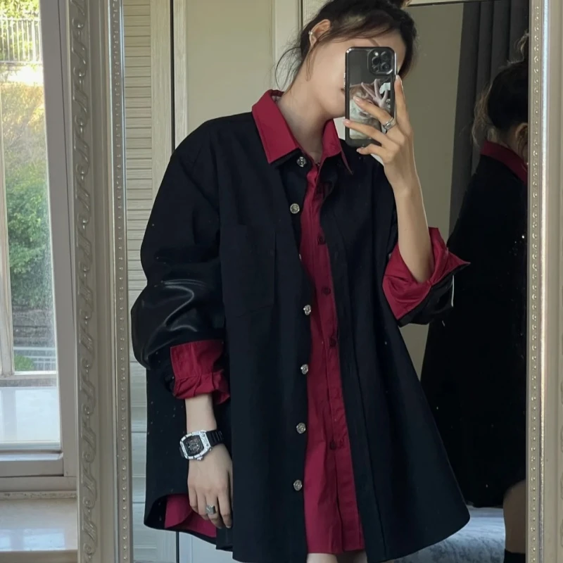 春秋新款女装小众设计感黑色外套+酒红色衬衣没想到这么好看