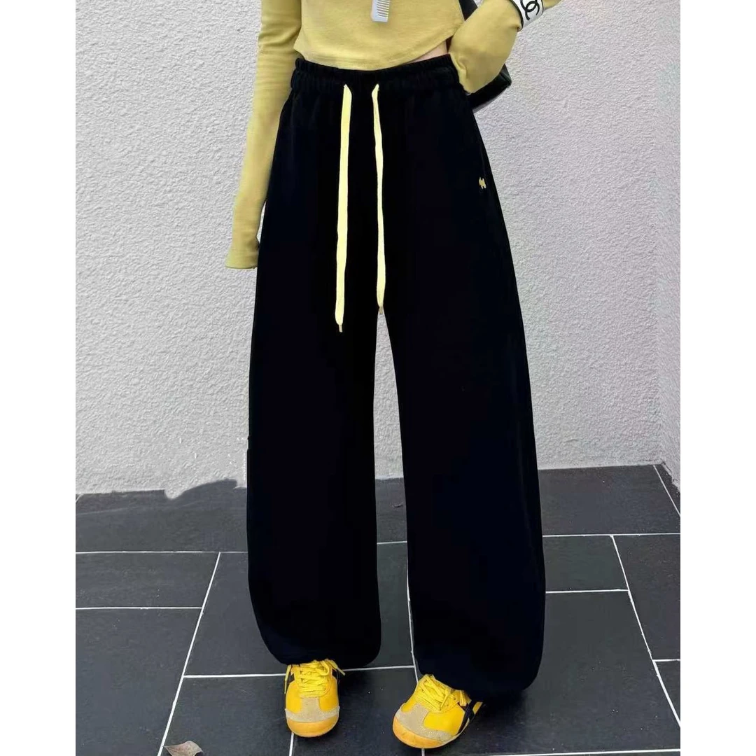 欧货～加绒，黑色，加高腰直筒休闲裤，百搭，显瘦