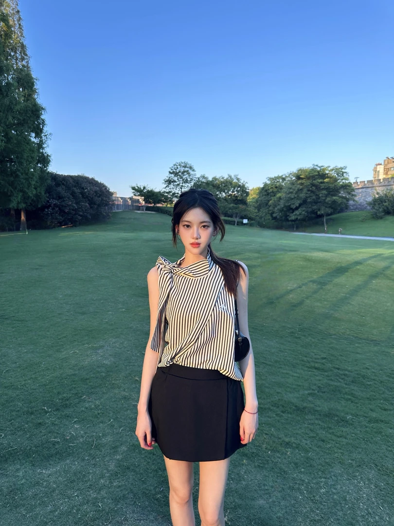 韩系气质套装蝴蝶结条纹无袖背心女夏季a字半身裙包臀裙裤两件套