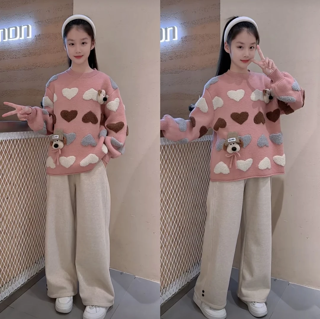 女童毛衣针织套装保暖秋冬新款套装女孩中大童加绒休闲裤两件套潮