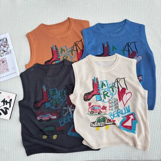 ［春春定制］新款韩版百搭修身显瘦时尚设计感卡通涂鸦针织上衣6613