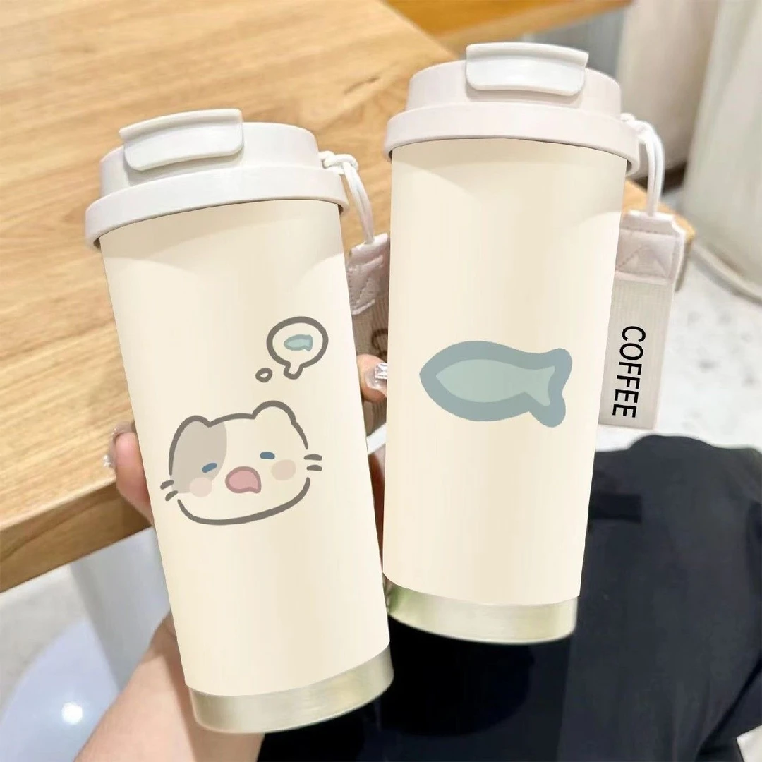 瞌睡小猫不锈钢保温杯大容量咖啡杯便携双饮吸管杯男女学生随行杯