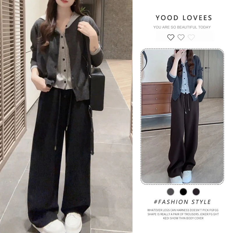 韩系别致一整套女2025春秋新款单排扣假两件连帽毛衣阔腿裤两件套