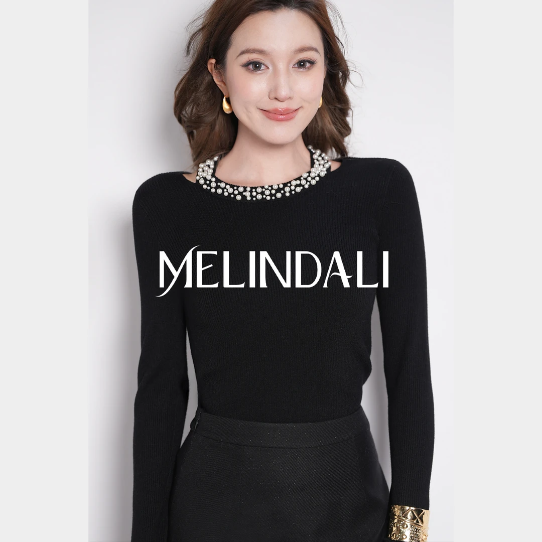 Melinda Li【珍珠天鹅】赫本风精致珍珠装饰链前后2穿长袖针织毛衫