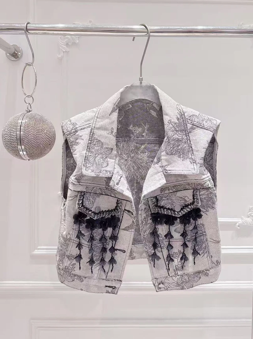 【漫老板】10008私服 定制欧货重工水墨流苏牛仔马甲