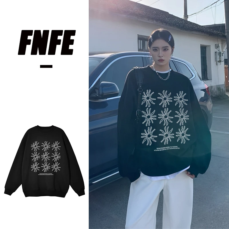 FNFE无帽黑色太阳长袖圆领印花卫衣女秋季韩系百搭休闲套头上衣