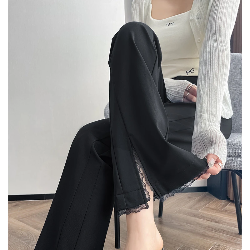 开叉微喇裤女春秋2025新款小个子九分直筒修身显瘦黑色蕾丝喇叭裤